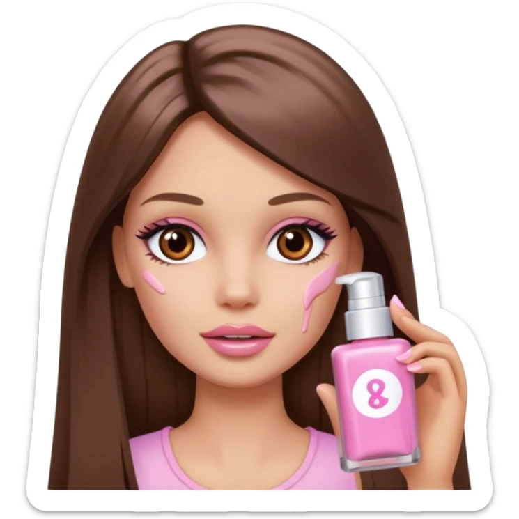 Barbie girl a brown long Straight hair and brown eyes is In pale pink smears by hand cosmetic cream on her face sticker