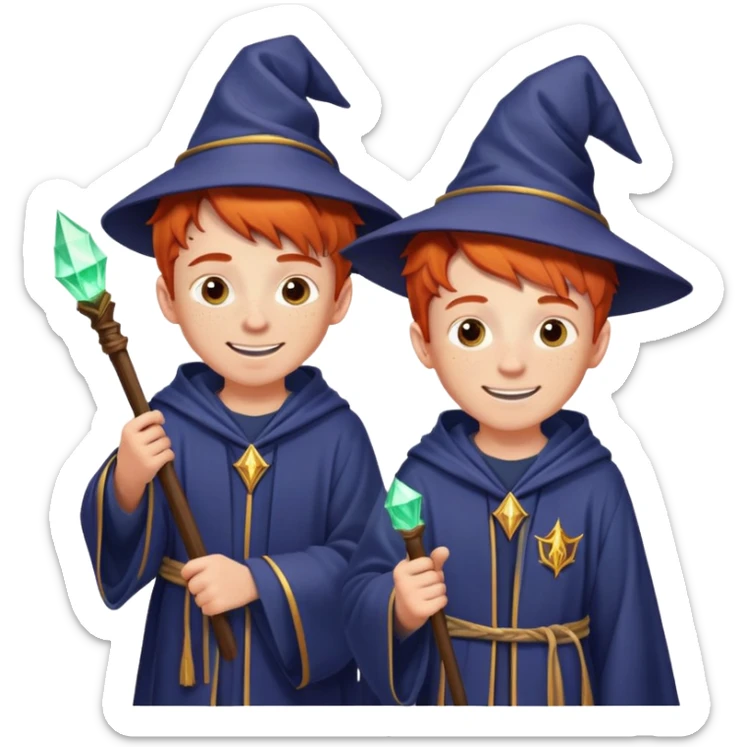 Two identical redheaded teenage boys with mischievous grins, freckles, and wizard robes sticker