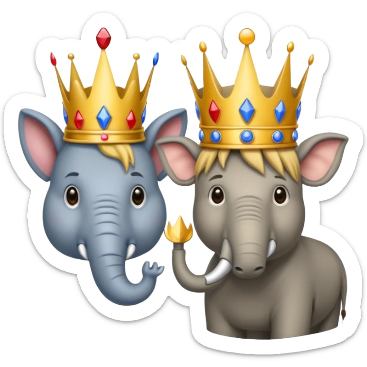 Democratic Party elephant facing Republican Party donkey with face of Donald Trump wearing a crown in between them sticker