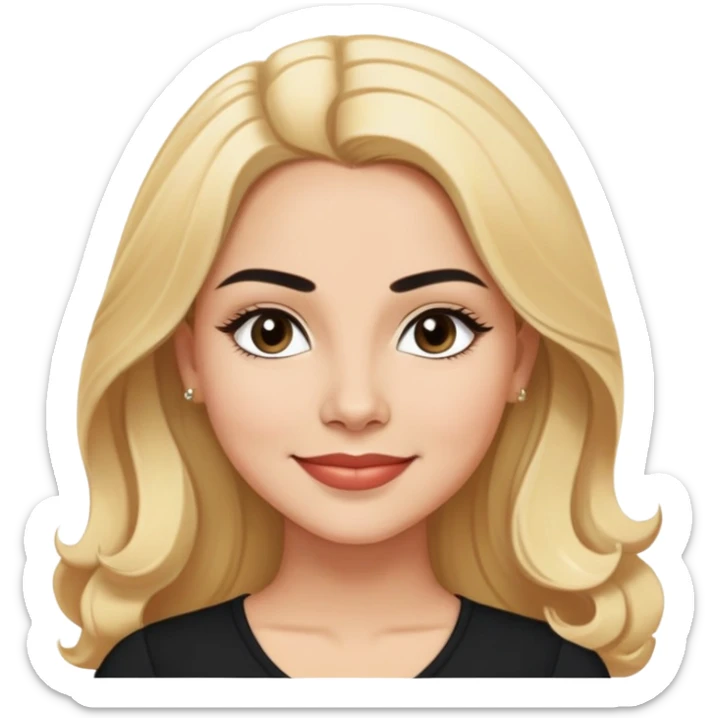 Professional portrait of Linette Torres, Puerto Rican actress with light skin, charismatic expression, bright eyes, beautifully shaped eyebrows, charming smile, long blonde hair, wearing an elegant black top sticker