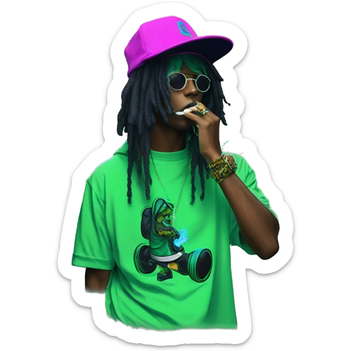 Multicoloured neon black and green graffiti person smoking wearing hoodie dancing hip hop bucket hat tropical Skater fashion aesthetic baggy clothes graphic t shirt 420 sticker