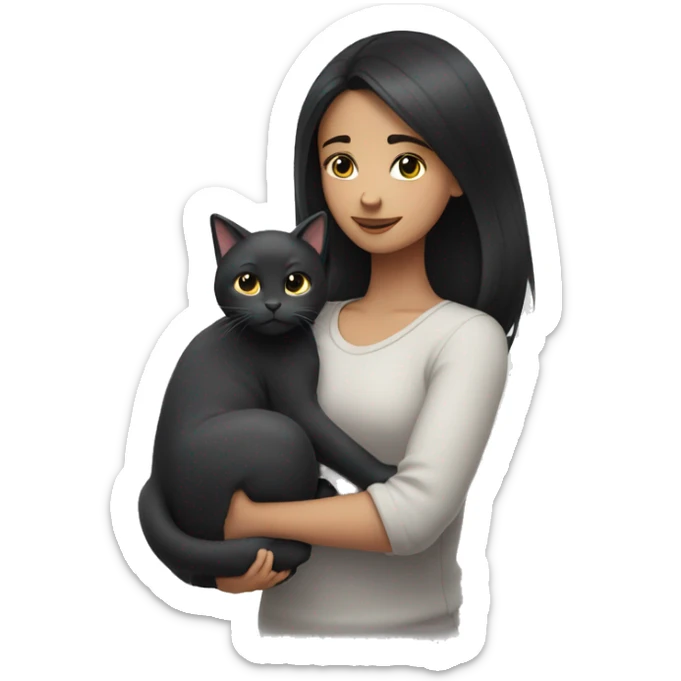 A girl with black hair hugs a gray cat sticker
