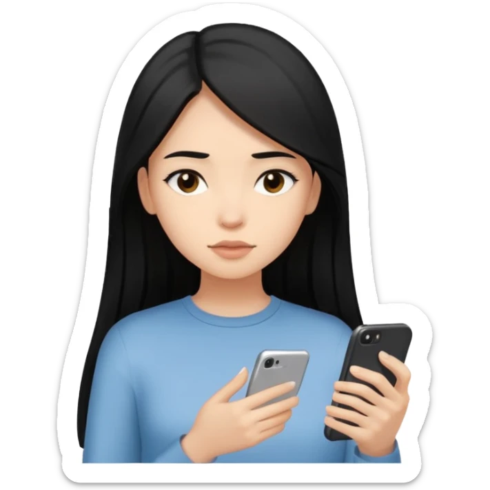 A long, black haired girl with light skin and straight hair, looking at her phone, clean Minal aesthetic sticker