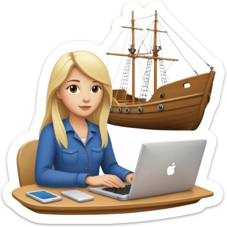 a blondie woman with long hair working with a computer laptop and a grains vessel (boat) around sticker