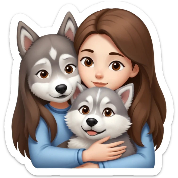 Girl with Brown long hair make a hug to a husky white and Just Little grey  sticker