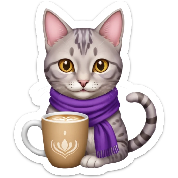 Happy Egyptian Mau Cat with purple scarf holding in its front two paws a hot latte in a white mug sticker