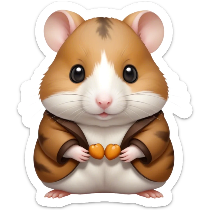 Cinematic Noble Brown and White Banded Hamster Portrait Emoji, Poised and regal, with a tiny, compact build and a uniquely patterned coat of warm brown and crisp white bands, deep-set soulful dark eyes, Simplified yet sharp and sophisticated features, highly detailed, glowing with a soft, dignified glow, high shine, intelligent and charming, stylized with an air of distinctive elegance, focused and attentive, soft glowing outline, capturing the essence of a watchful and confident rodent, so majestic it feels as though it could scurry out of the screen with effortless authority! sticker