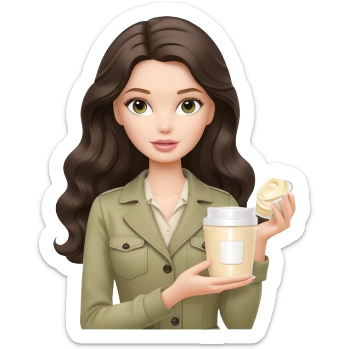 A white Barbie girl with long dark brown wavy hair in pale olive clothes holds Pale beige cosmetic cream pot sticker