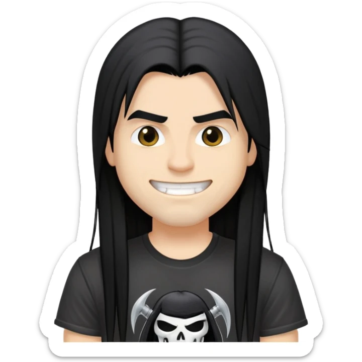 A heavy metal fan with long straight black hair, wearing a black heavy metal band t-shirt, with a smirky smile on face sticker