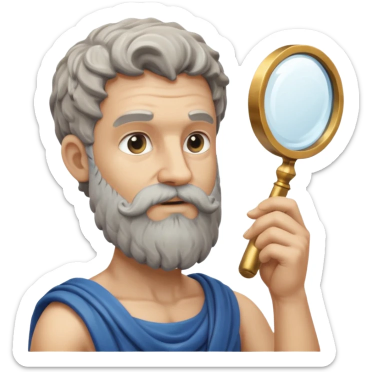 Dios griego con barba estilo estatua de color gris, de perfil mirando con una lupa de sticker