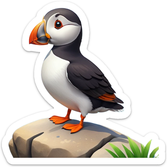 A 3D cartoon puffin bird standing on a rock near the sea, soft daylight, bright colors, realistic Memoji-style. sticker