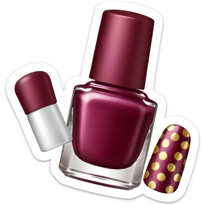 burgundy nail polish bottle, nail polish has light gold iridescence, cap is black with white polka dots, cinematic emoji sticker