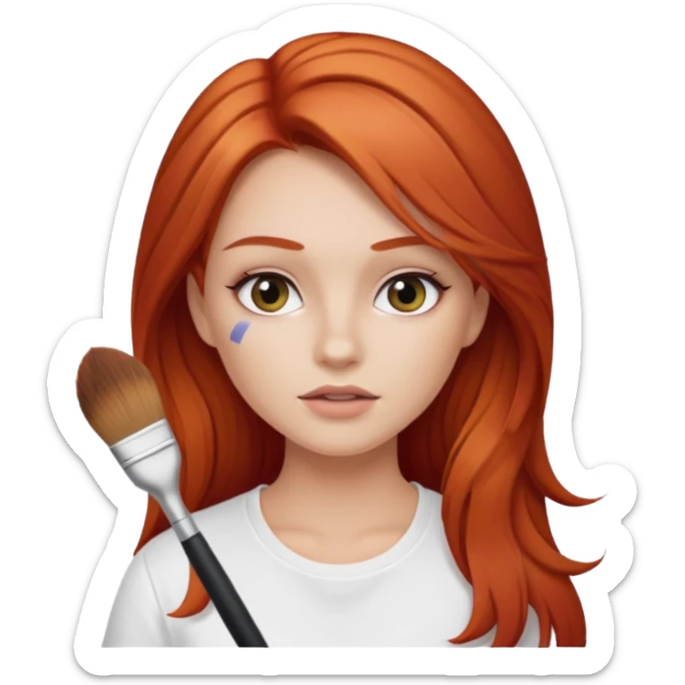 red-haired girl, she has long hair. she is in a white T-shirt, and in her hand near her face she is holding a makeup brush sticker
