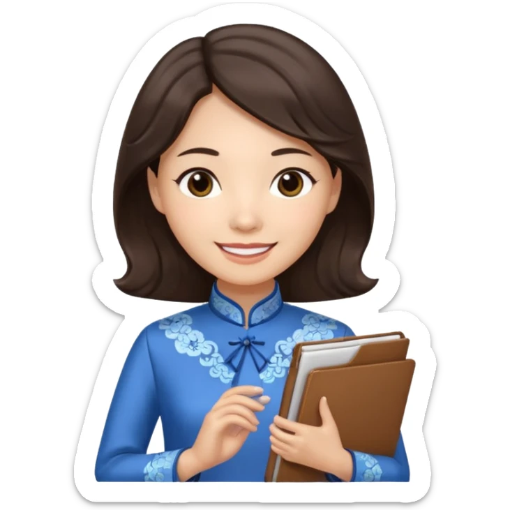 Teacher emoji but : wavy dark brown hair, light skin, no glasses, dark eyes, with a computer folder in the hand, being a teacher, wearing a chinese qipao (brown & blue) 

 sticker