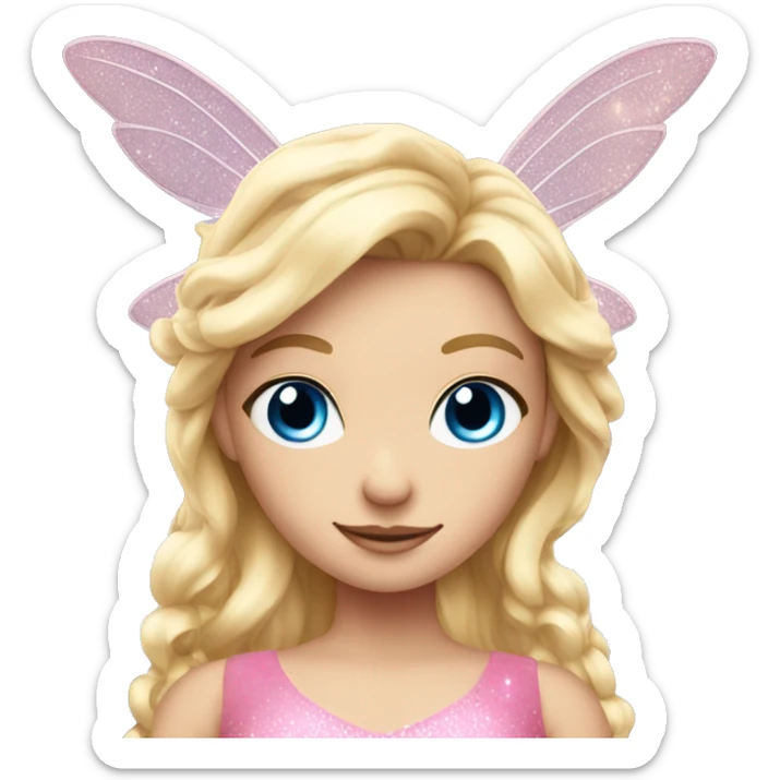 Create a blonde haired fairy with blue eyes and a pink dress with sparkly wings sticker