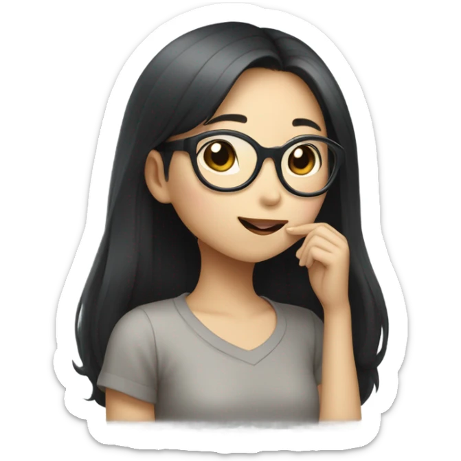 A korean girl with long black hair and circle frame glasses whispering to a grey rat sticker