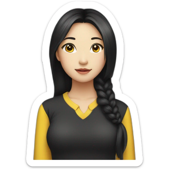 Female asian round face with black long untied hair yellow highlight in a black shirt sticker