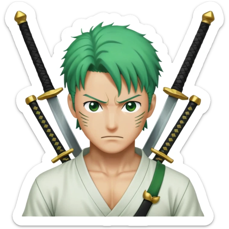 Roronoa Zoro with green hair, three swords, white shirt, green haramaki sticker