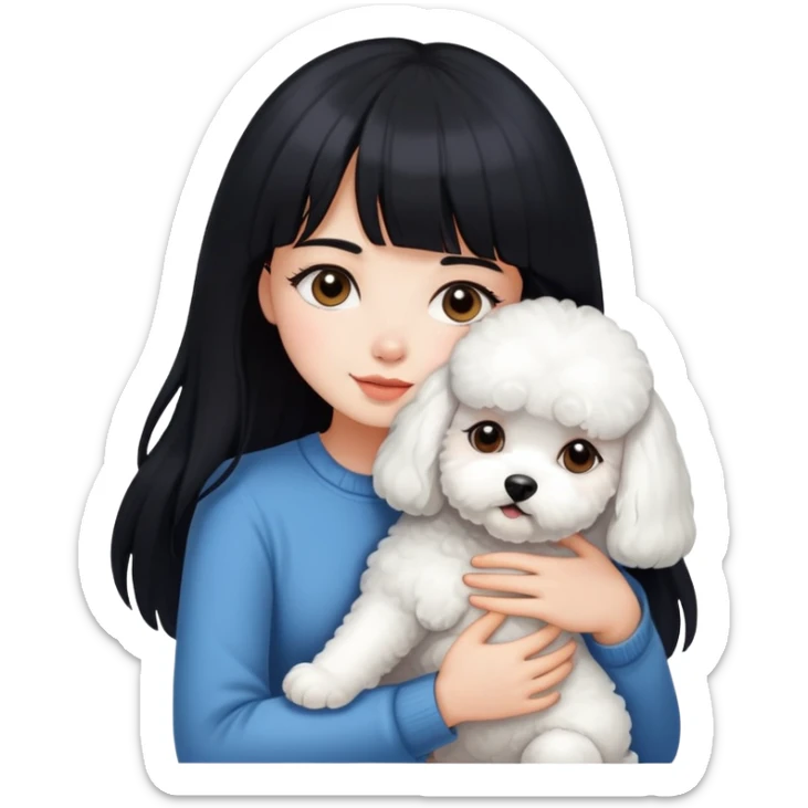 A beautiful girl with long black hair and bangs hugs a little Bichon Frise sticker
