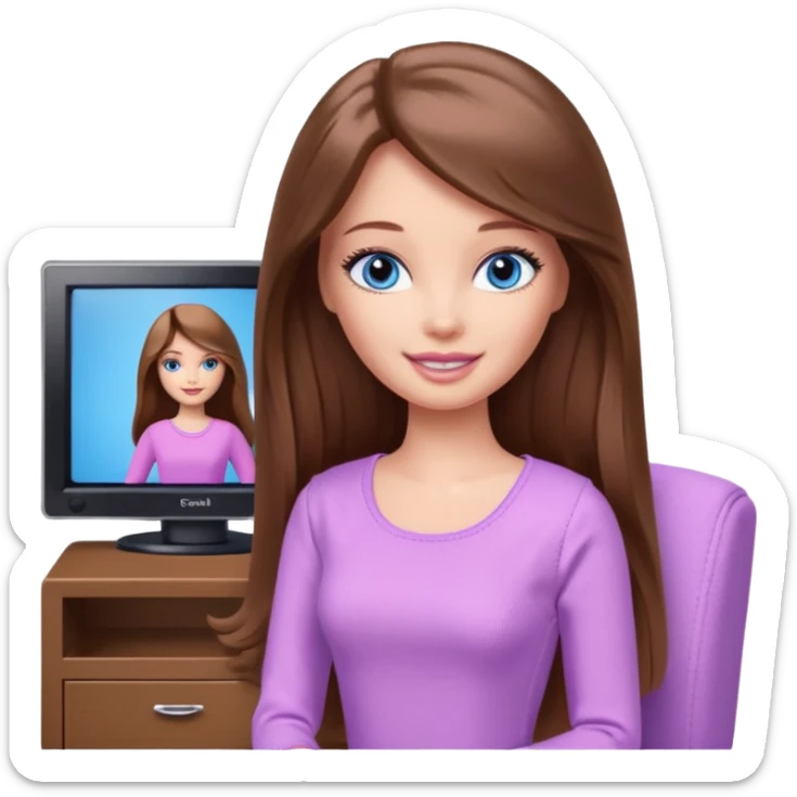 beautiful barbie girl with long brown hair, blue eyes and wearing light purple clothes watching tv sticker