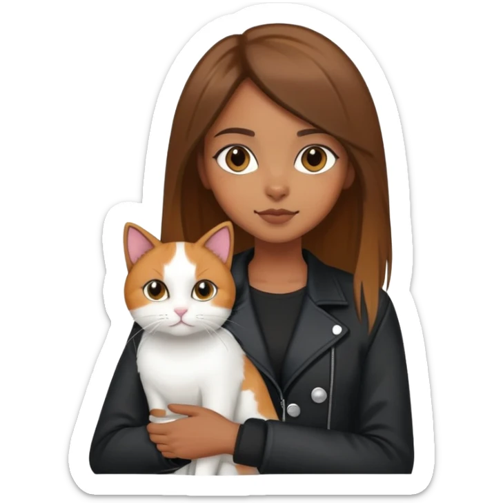 Brown straight-haired girl wearing black jacket with white cat and calico cat sticker