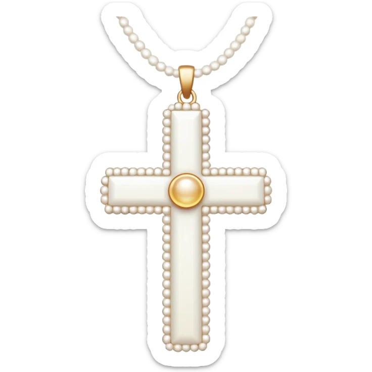 Elegant emoji icon of a white cross made of white beads, glossy surface, and white bead chain subtle shadows, pure white palette sticker