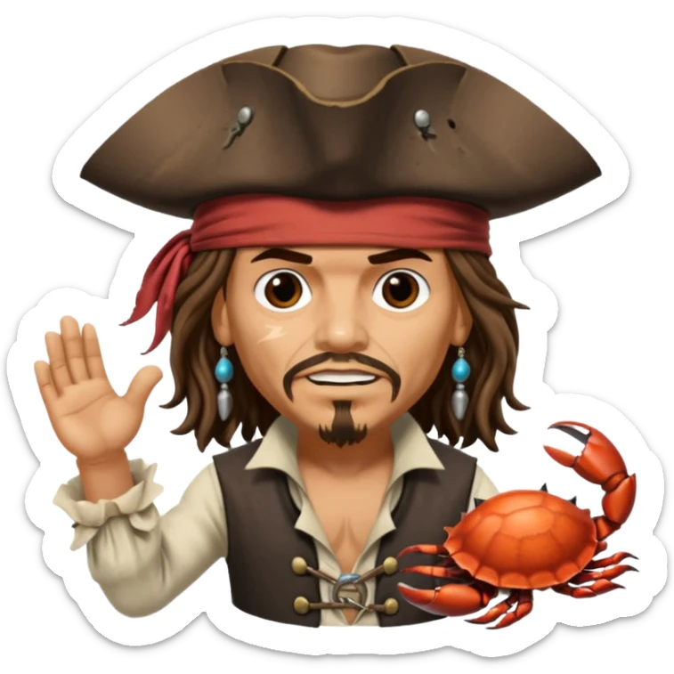 jack sparrow from the film pirates of the caribbean, shooo-ing the stone-crab.
- jack is sideways, mimicing to the left
 sticker