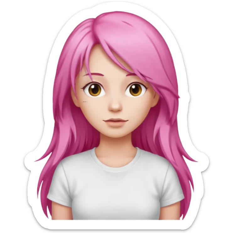 a woman with long layered pink hair, wearing white t-shirt sticker
