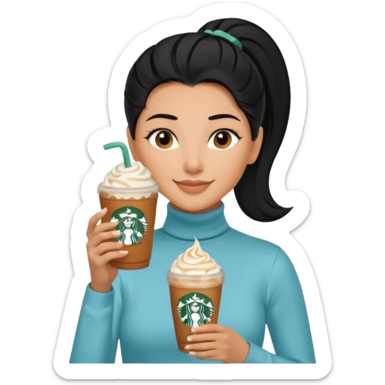  tan skin woman with long face, and very short black hair slicked back ponytail with forehead showing, wearing solid light blue turtleneck shirt, drinking starbucks caramel frappuccino, smiling with middle parted hair sticker