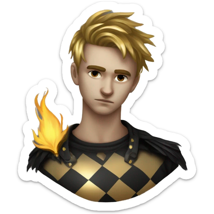 Hamlet young skinny sad man iridescent hair wearing raven feathers and golden flames yin yang chess board sticker