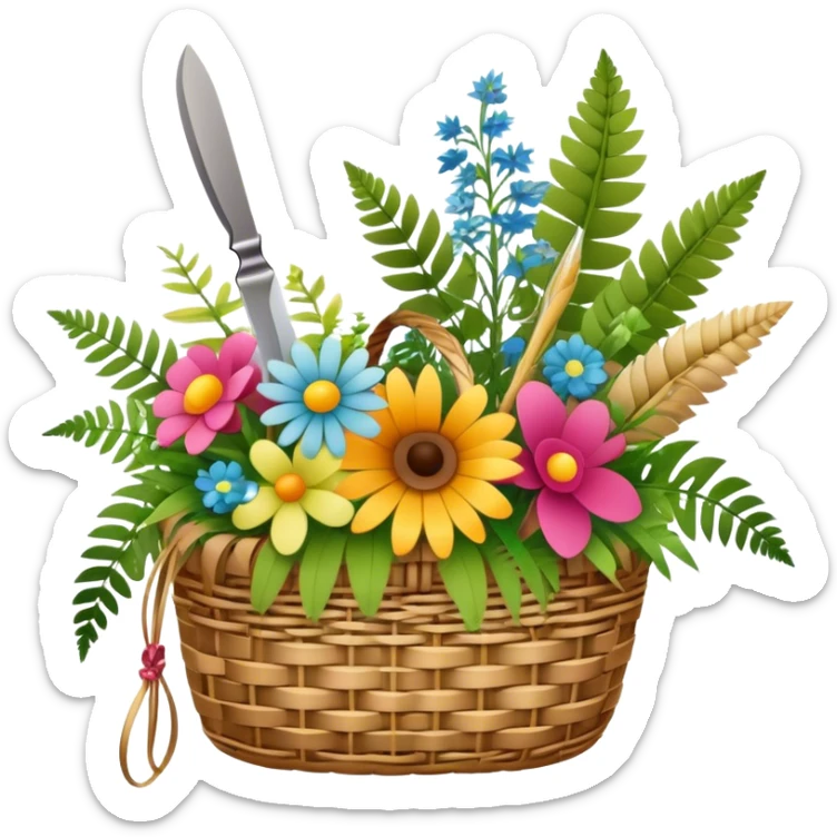 Icon for Floristry: a woven basket with flowers, reeds, ferns, bright ribbons and a small plush toy. Add scissors and knife. The icon should represent creativity in flower arrangement and decorative design. Transparent background. sticker