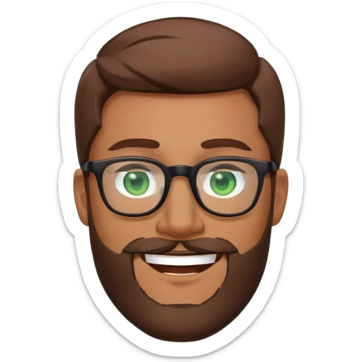 Superman with brown hair, a beard, and glasses on. Eyes are green. Happy face sticker