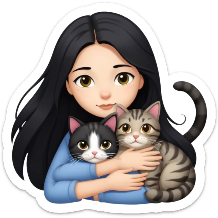 a black long hair girl with black eyes hugging a three-color tabby cat sticker