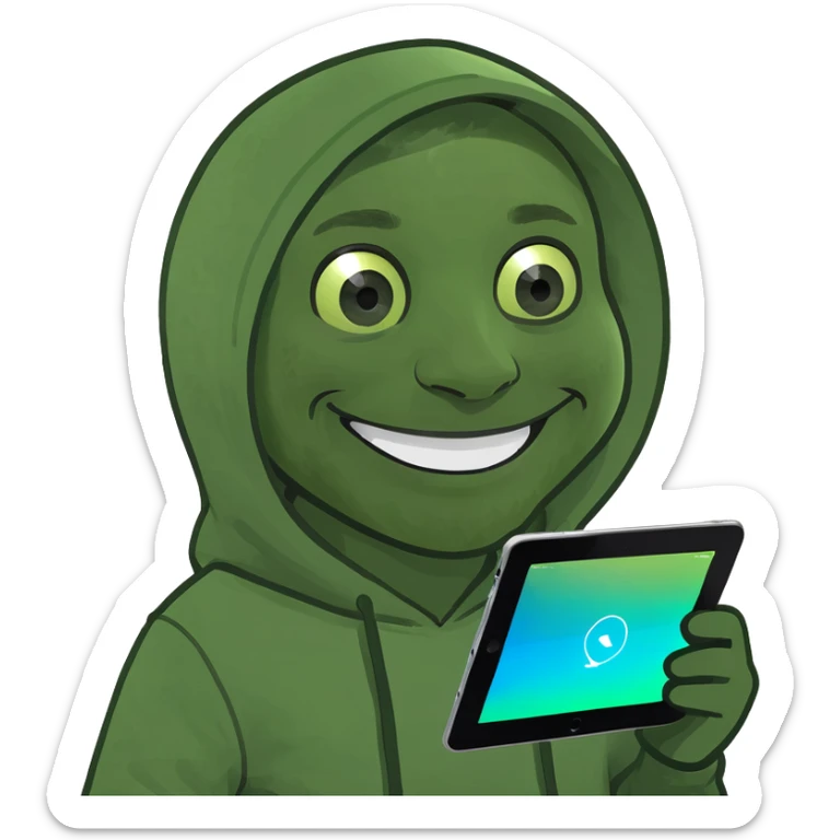 a man in a hoodie, smiling, holding an iPad, memoji style sticker