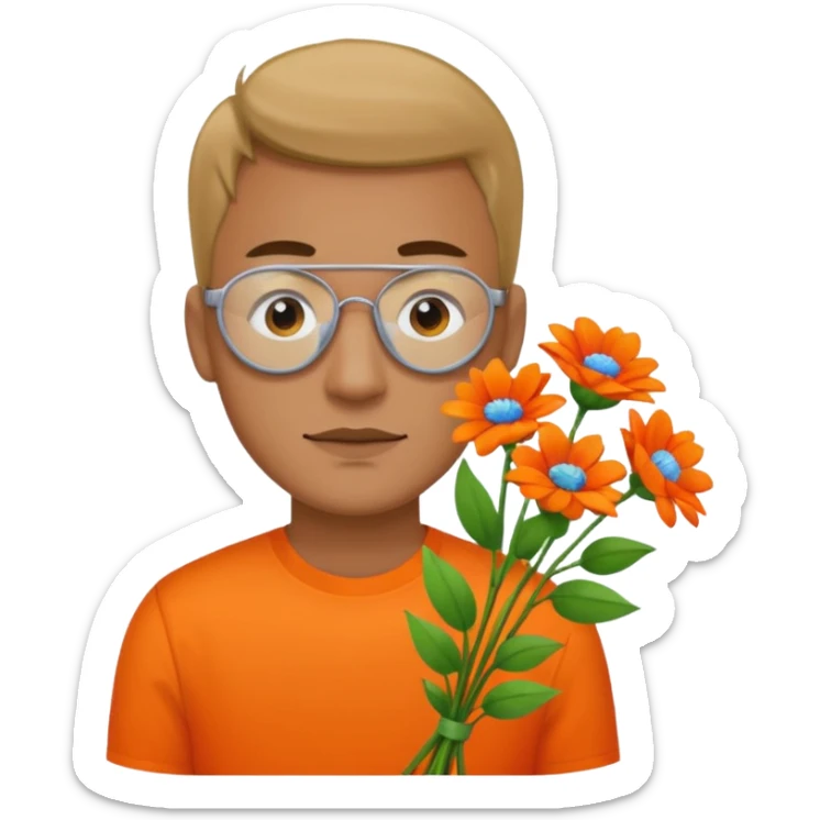 Man with bright orange shirt shirt carrying a bunch of flowers with a patch over his eye sticker
