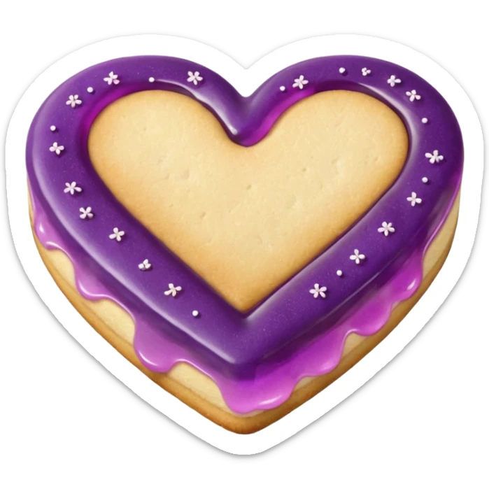Realistic shortbread cookie in the shape of a heart with violet jelly middle filling and sprinkled powder sugar on top. sticker
