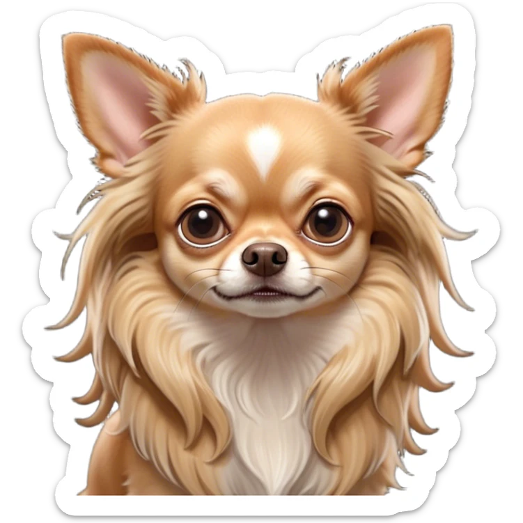 Cinematic Grumpy Long Haired Fawn Chihuahua Portrait Emoji, Head tilted slightly with a deeply unimpressed expression, thick, flowing fawn hair with natural highlights, large, droopy dark eyes narrowed into an unamused glare, ears slightly drooping in exasperation, Simplified yet comically expressive features, highly detailed, glowing with a dry, sarcastic glow, high shine, effortlessly judgmental yet dignified, stylized with a touch of cynicism, bright but brooding, soft glowing outline, capturing the essence of an eternally unimpressed yet endearing companion, so lifelike it feels like it could sigh heavily at you in disdain at any moment! sticker