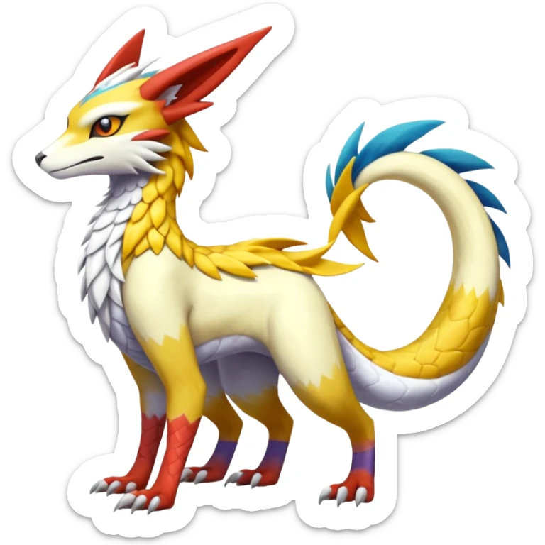 Colorful realistic flurry furry scaly Latias-Vernid-Lombax-Renamon-Zeraora-Bastet-Fakémon-hybrid-fusion-creature, full body sticker