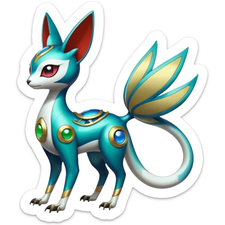 Shiny Colorful Futuristic Oriental Painted Asian Vernid-Trico-Meloetta-Latias-Koraidon-Peppercat-Protogen-Pokémon-Digimon-Fakémon-fusion-hybrid-creature sticker