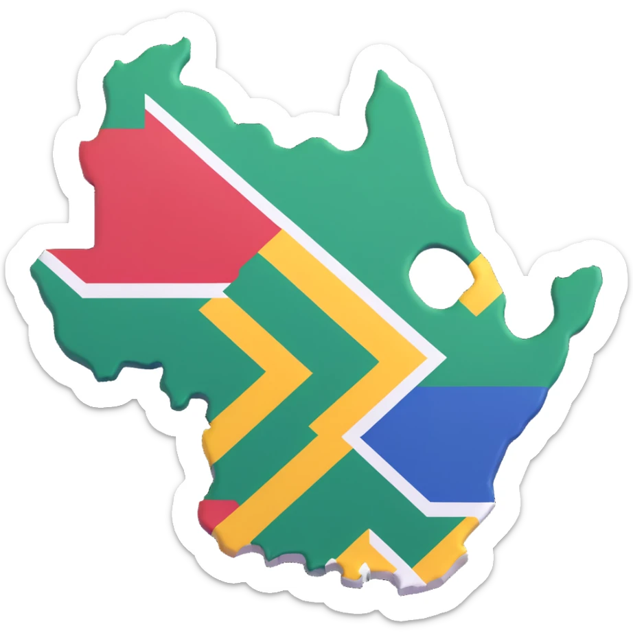 Create a 3D style illustration of the map outline of South Africa with the South African flag applied on it. The flag colors should be vivid and clearly visible, emphasizing the distinct colors of the South African national flag on the map shape. sticker