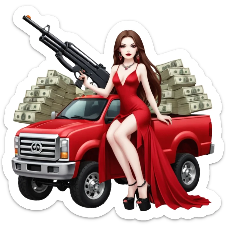 Lilith symbol red eye seductress evil long brown haired sexy succubus woman. Wearing Chanel  long dress with slit, sitting on top of a  giant lifted F350 pickup truck. Black Platform heels on feet. Back of truck full of stacks of cash, sitting behind her is  a human skull with a gun in other hand sticker