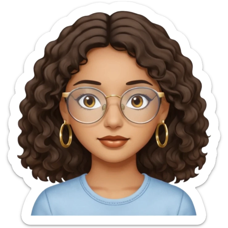 Make a girl with dark brown wavy hair and brown eyes she's tan latina and she has clear glasses and small hold hoop earings sticker