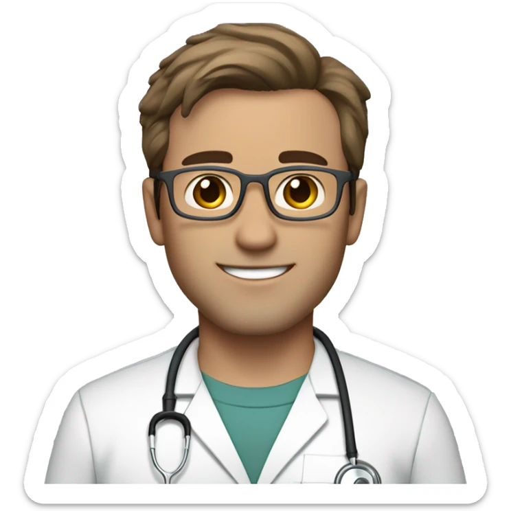 male Doctor in scrubs and stethoscope fair skin with brown hair and a little gray in it with gray eyeglasses and no lab coat sticker