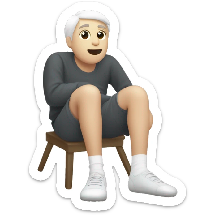 The image show a white legs with hair on them sitting. They are wearing a dirty socks . Their legs are extended, with one foot closer to the camera showing bottom of socks. The person is wearing white socks with no shoes , one of which is on the floor. sticker