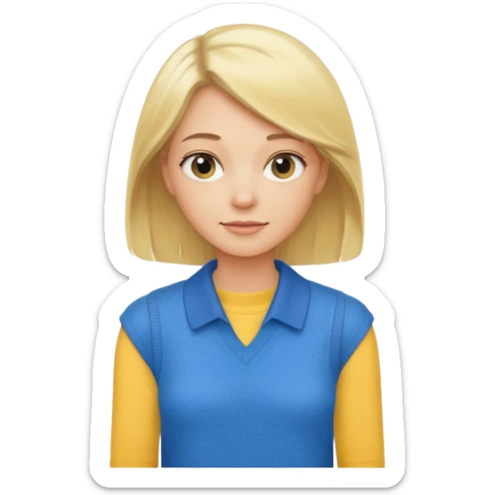 Blond lady shoulder length hair wearing yellow collared sleeveless shirt holding blue sweater sticker