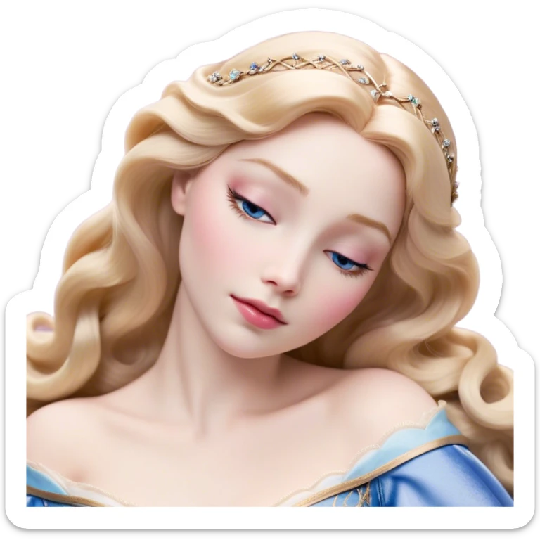 Cinematic Realistic Sleeping Beauty (Aurora) Portrait, with porcelain-like skin featuring a natural rosy flush, illuminated by soft lighting that highlights the gentle contours of her face. Her golden blonde hair flows in soft, detailed waves with subtle highlights that shimmer in the light. Her deep violet-blue eyes radiate warmth and innocence, framed by arched brows and long lashes. With a soft, serene smile, she holds a delicate rose gently in one hand, her other hand resting lightly by her side. She is dressed in her classic pink gown, the fabric rich in texture with delicate folds that catch the light. A golden crown rests atop her head, gleaming with royal refinement. The portrait captures a soft, glowing aura, blending realism with an ethereal sense of beauty and timeless enchantment. sticker