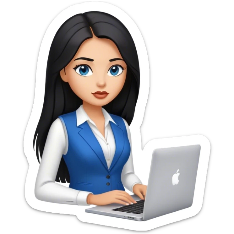 Model glamours tanned beautiful girl with pump nude lips and black straight smooth long hair, straight hair parting, blue eyes with MacBook and V-neck suit vest,  - only one person sticker