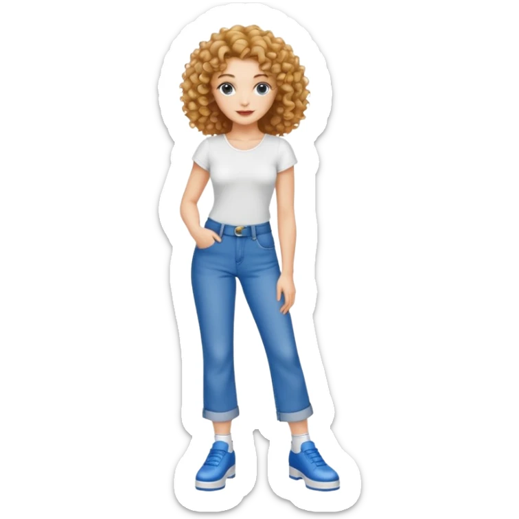 Meuf Cleane tête fine très très très belle cheveux bouclé haut blancs et jean bleu large avec des samba  sticker