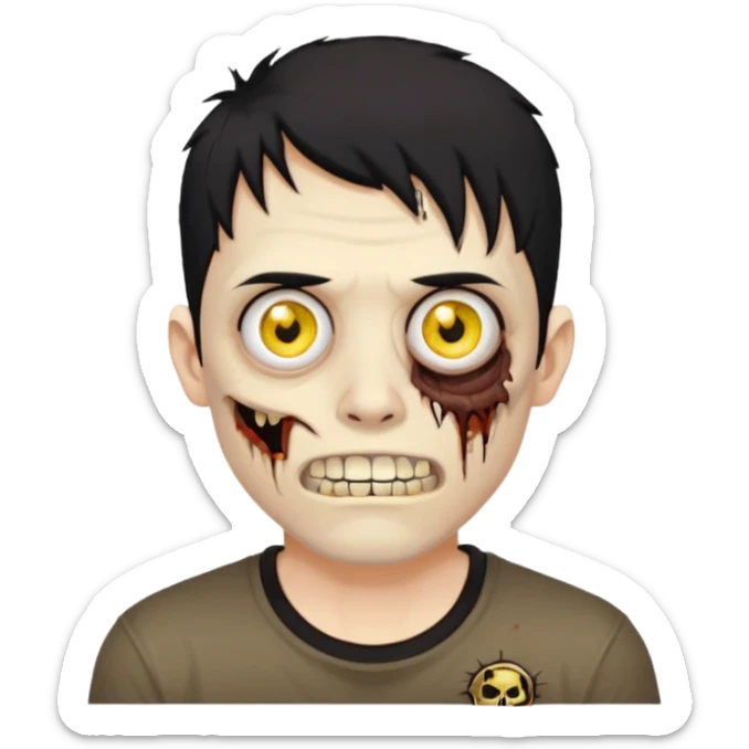 I want you to give me a zombie man who has golden teeth, yellow eyes, eyebrows and black hair, the hair I want to be a modcut cut and is wearing a brown affliction T-shirt and thin circular lenses sticker