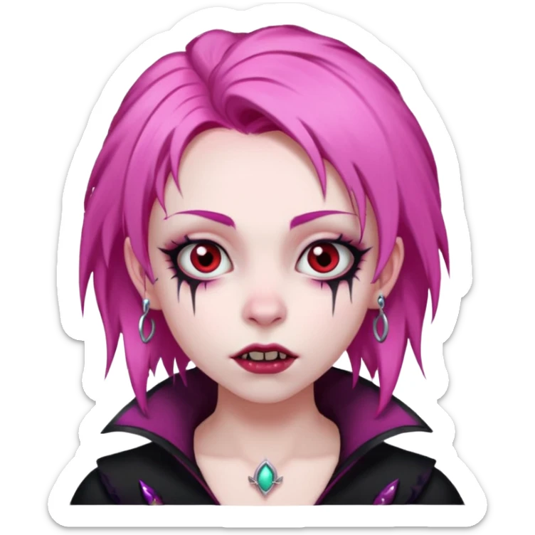 girl, pale vampire, pink hair, very long, shaggy, dark, spooky,double eyebrow dermal piercing, creepy expression sticker